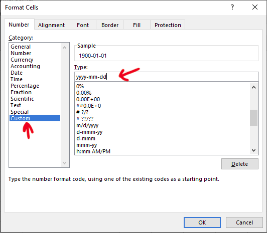 Reformat dates to ISO 8601 yyyy-mm-dd in Excel for Windows